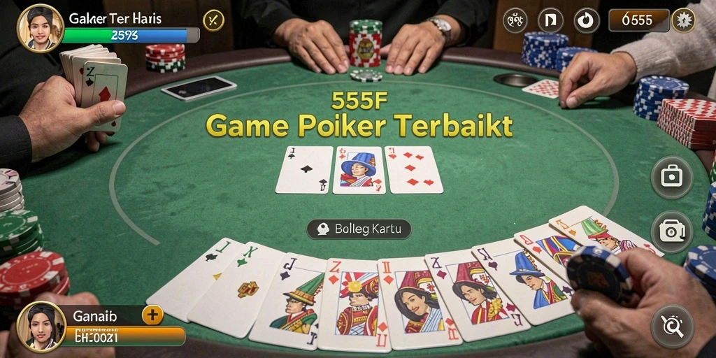 Tampilan gameplay menarik dari poker di 555F dengan meja dan kartu.