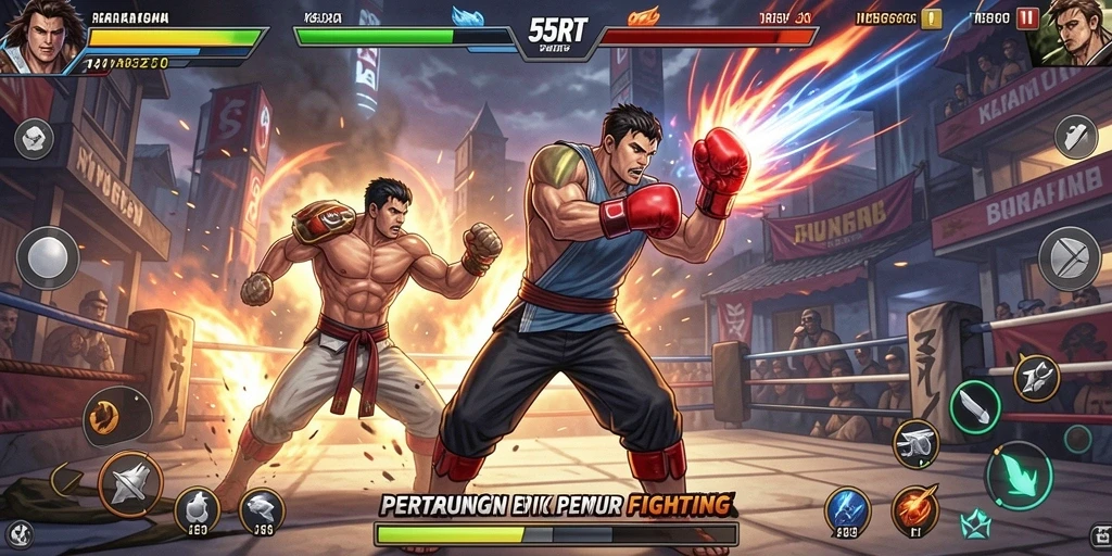 Screenshot utama 55RT menampilkan pertarungan intens dan grafis yang menakjubkan.
