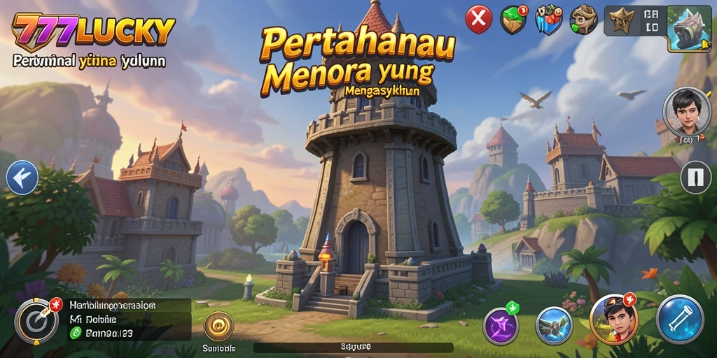 Tangkapan layar gameplay 777LUCKY menampilkan pertarungan menara yang mendebarkan.