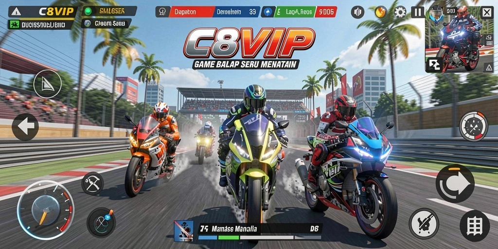 Screenshot utama C8VIP menampilkan aksi balapan motor menegangkan.