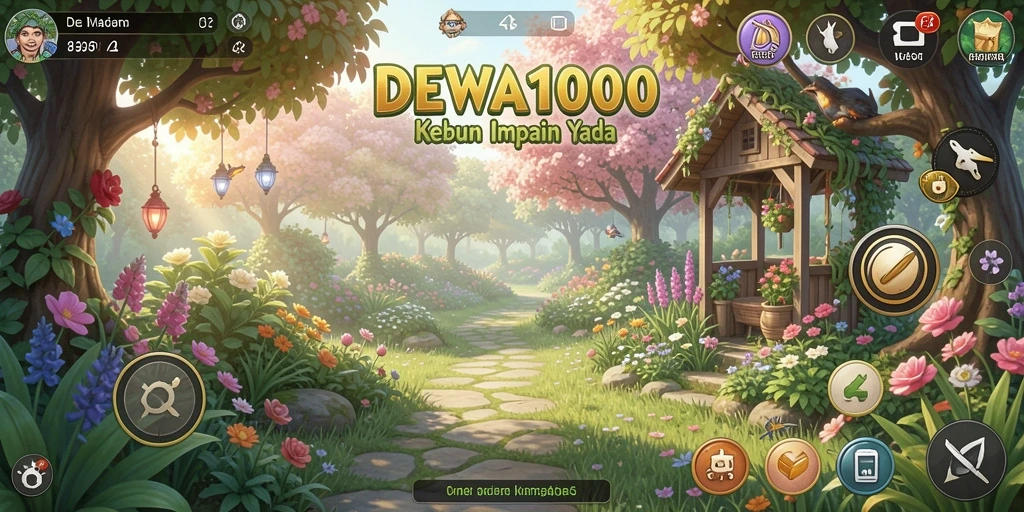Tangkapan layar DEWA1000 menampilkan kebun yang indah dan tanaman subur.