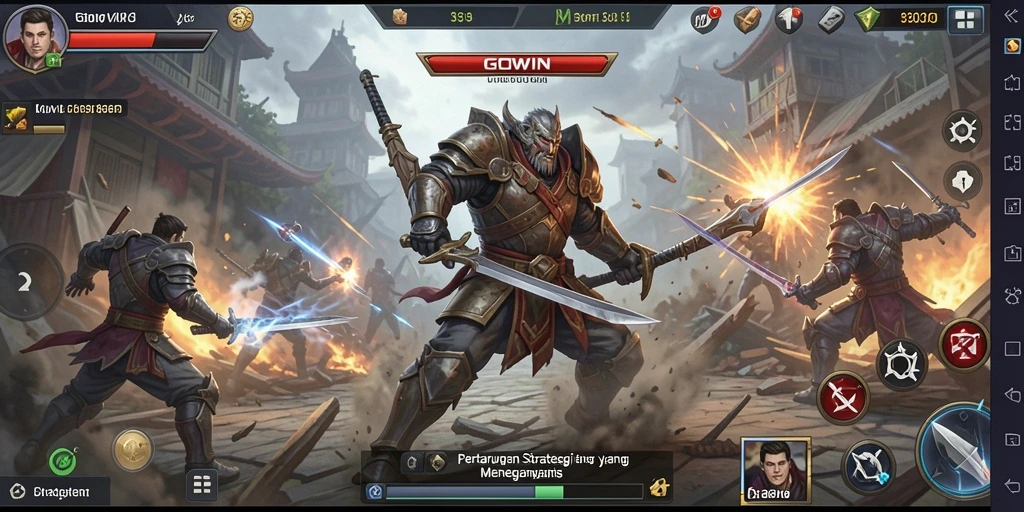 Tampilan gameplay GOWIN dengan pertempuran taktis dan bangunan strategis.