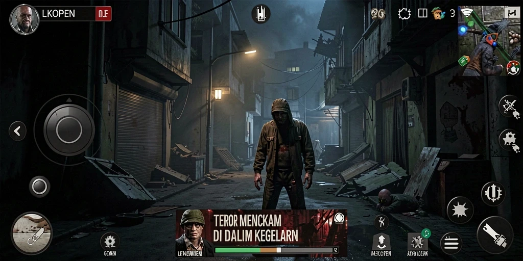 Tampilan gameplay LKOPEN menampilkan suasana horor yang mencekam dengan efek visual yang menakutkan.