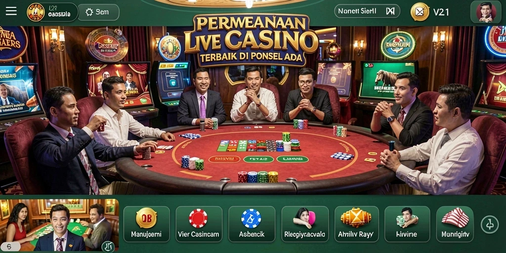 Screenshot gameplay V21 menampilkan dealer dan pemain dalam suasana Live Casino.