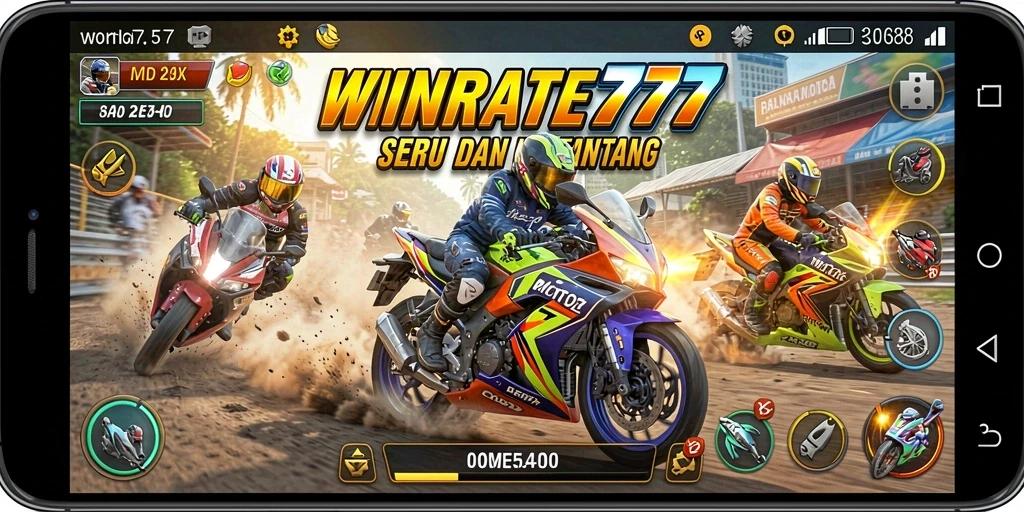 Gameplay menegangkan di WINRATE777 saat balapan motor di trek menantang.